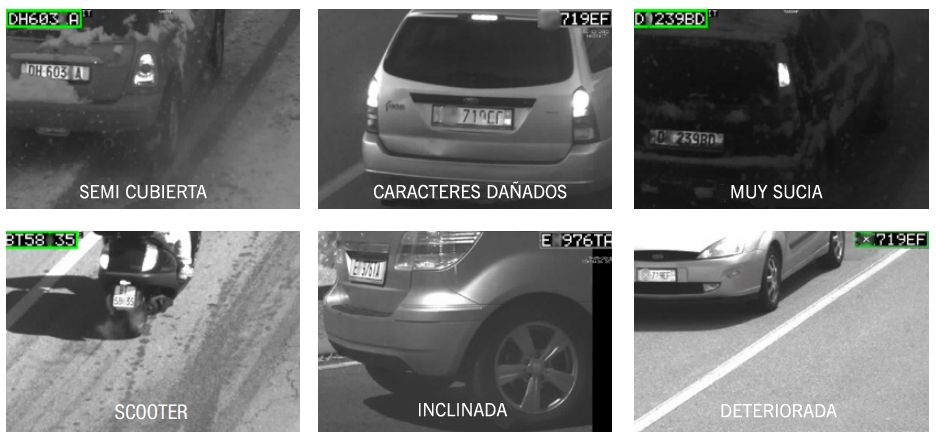 Ejemplos lectura de matrícula semicubierta, caracteres dañados, sucia, de scooter, inclinada o deteriorada