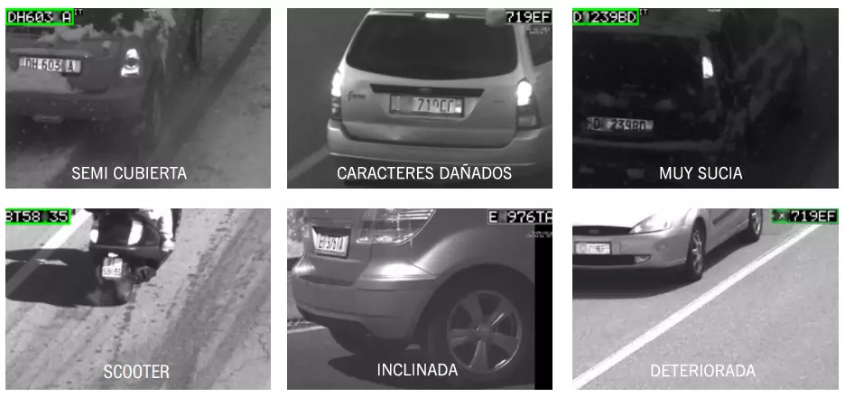 Ejemplos lectura de matrícula semicubierta, caracteres dañados, sucia, de scooter, inclinada o deteriorada